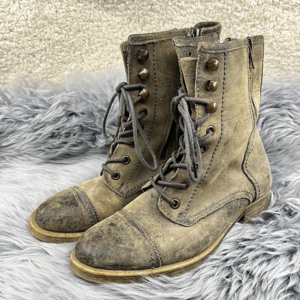 Vintage Bed Stu Distressed Military Combat Leather Boots Gray Beige Size 6.5